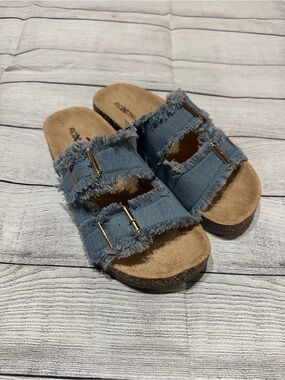 Roxoni Blue Denim Frayed Double-Strap Slide Sandals size 7